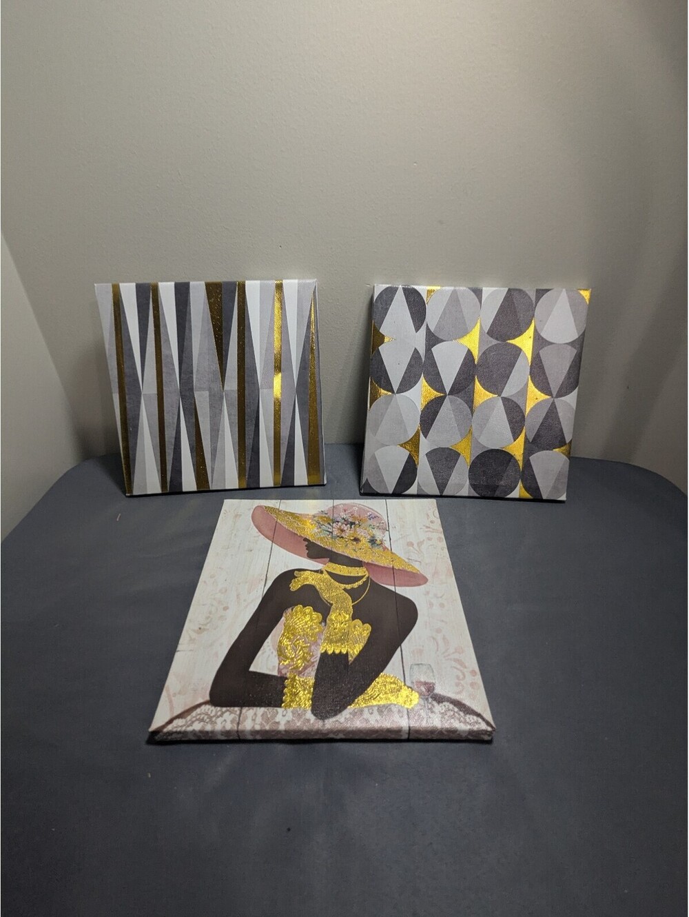 Set of 3 Decorative Canvas Wall Art Paintings with Gold Accents
